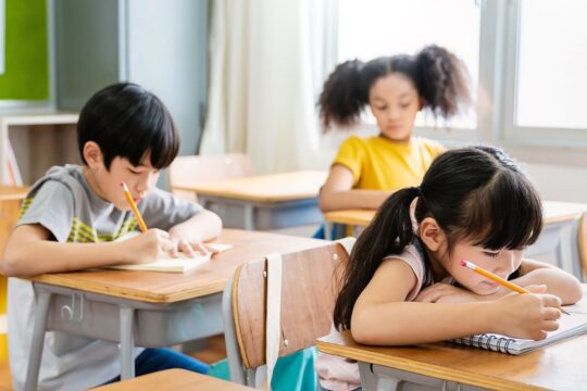A portrait of students sitting at their desks doing work.