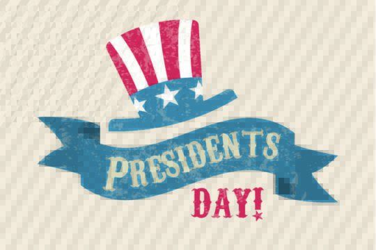 ‘Presidents Day’ graphic with a stars-and-stripes-themed top hat.