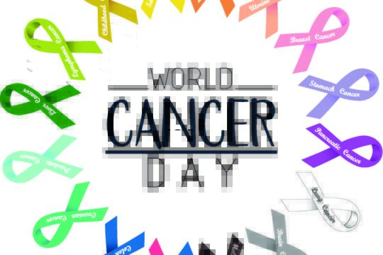 ‘World Cancer Day’ surrounded by a circle of cancer ribbons.