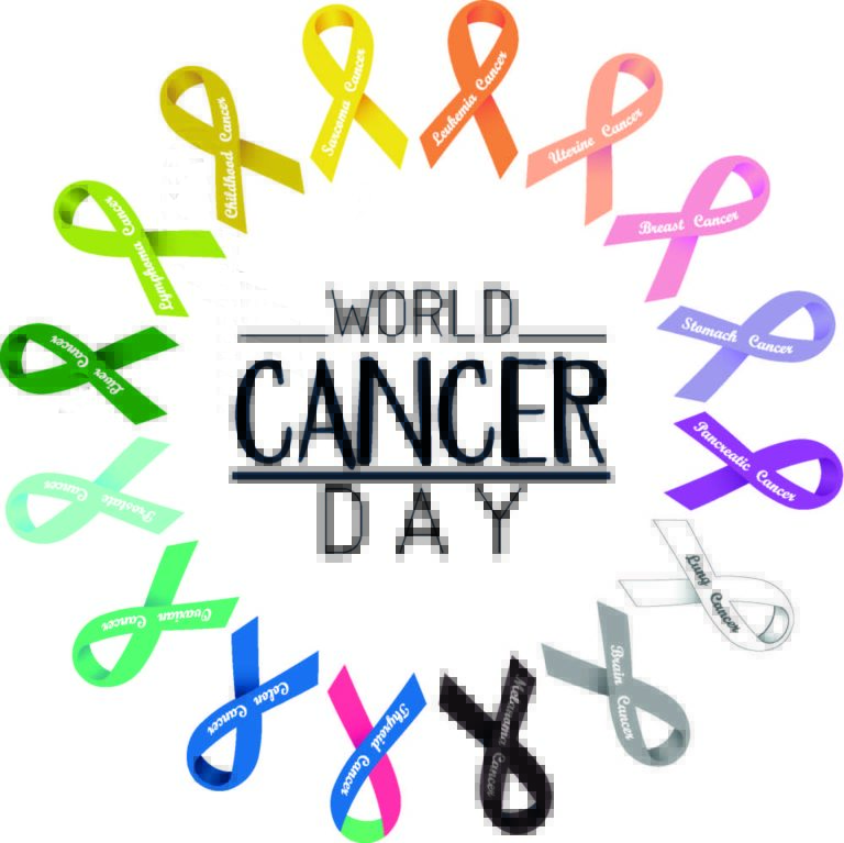 ‘World Cancer Day’ surrounded by a circle of cancer ribbons.