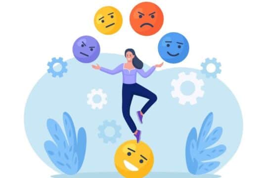 Behavioral balance; a woman juggles balls that represent multiple emotions.