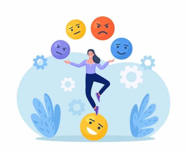 Behavioral balance; a woman juggles balls that represent multiple emotions.
