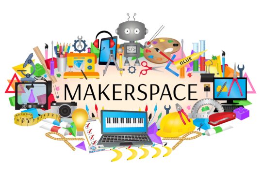 A graphic of a variety of hands-on learning activities surround the word “makerspace.”
